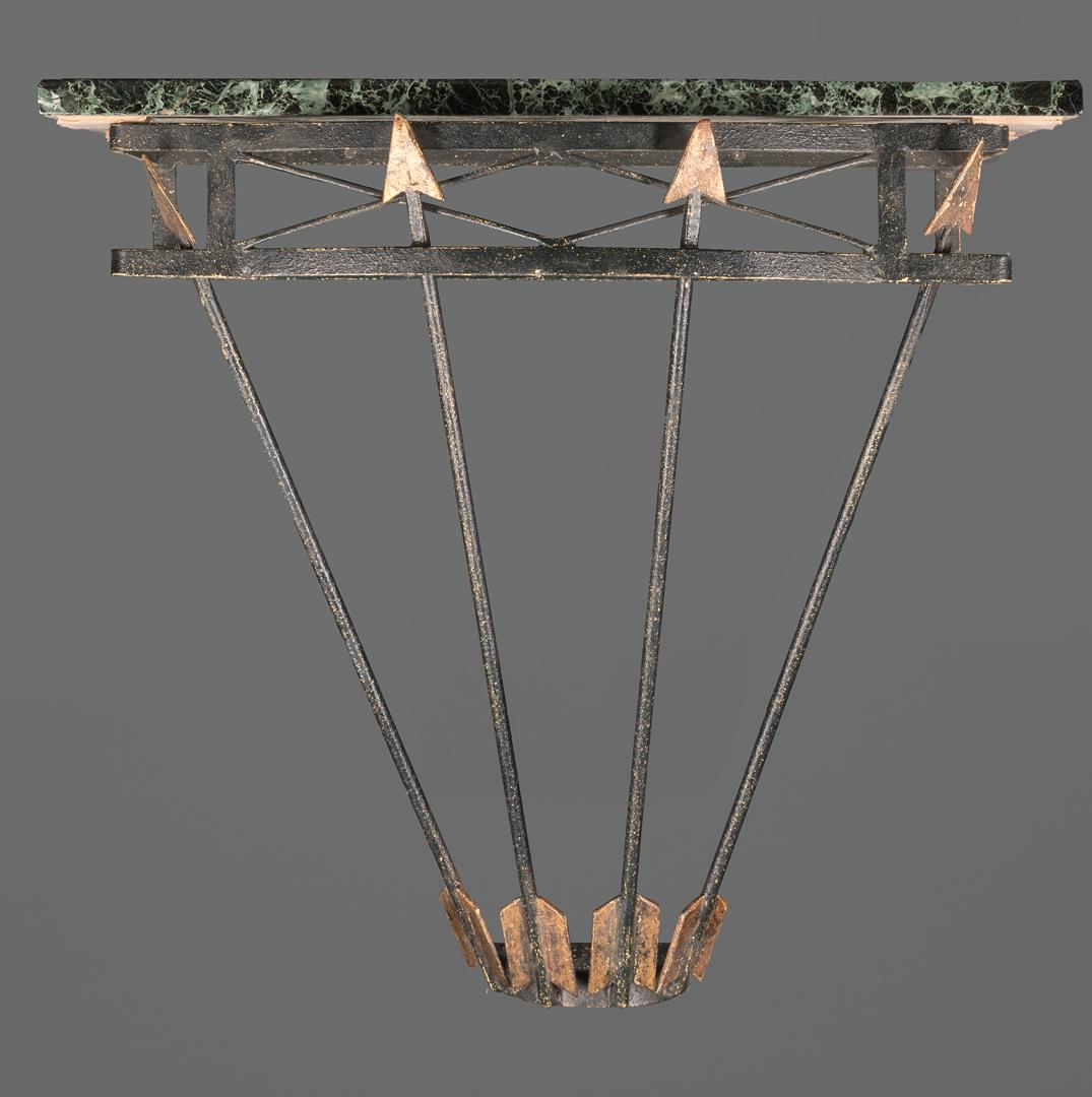 French Marble Top Wrought Iron Console: French Marble Top Wrought Iron Console , arrow form supports, h. 19 in., w. 20 3/8 in., d. 9 3/4 in IMPORTANT: All purchases must be removed from our premises within 15 days of the auction. * When ava