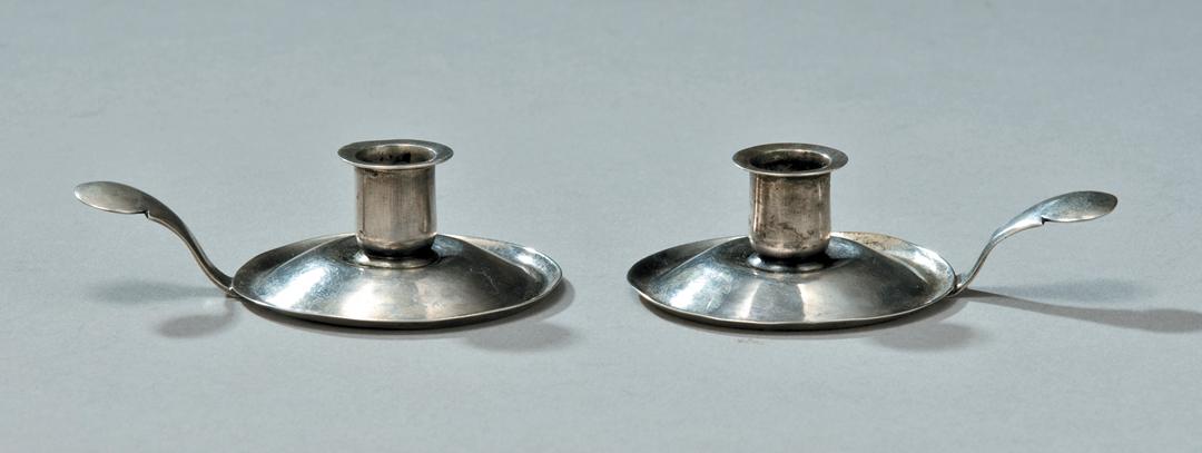 New Orleans Coin Silver Miniature Chambersticks: Pair of New Orleans Coin Silver Miniature Chambersticks , Adolphe Himmel Silverware Manufactory, 1869-77, New Orleans, incuse marks "A.H.", "N.O.", each slightly domed circular pan with an upcurved ed