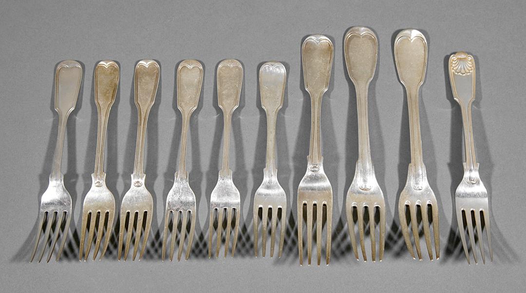 Group of Antique French and English Silver Forks: Group of Antique French and English Silver Forks , various makers, incl. 3 fiddlethread table forks, 6 fiddlethread luncheon forks, and one fiddle and shell dinner fork, wt. 18.45 troy ozs. (10 pcs.) 