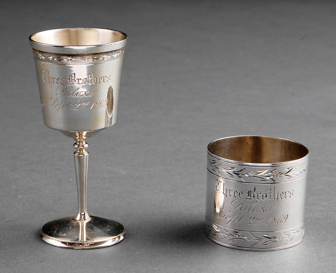 Victorian Sterling Silver Napkin Ring & Glass: American Victorian Sterling Silver Napkin Ring and Cordial Glass , engraved "Three Brothers / Biloxi / Sept 2, 1869" IMPORTANT: All purchases must be removed from our premises within 15 days of the au