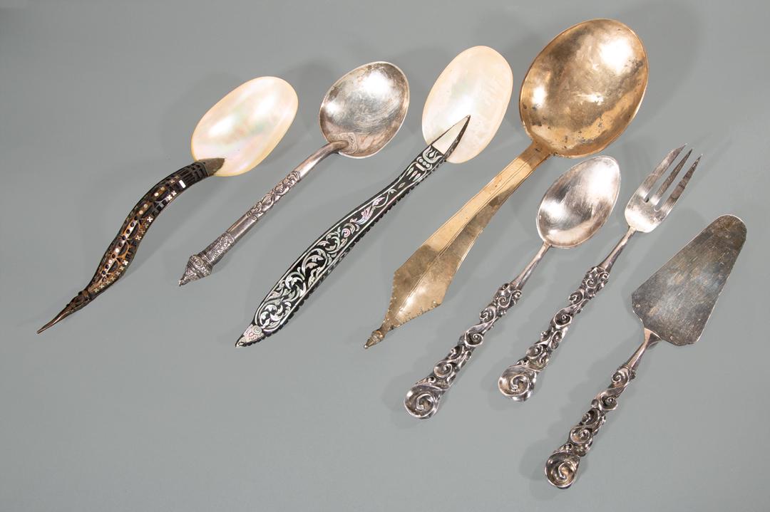 Interesting Group of Silver Serving Pieces: Interesting Group of Silver Serving Pieces , incl. Jean Boggio "Circe" pattern silverplate serving fork, spoon and pie server; chased silver serving spoon with hollow handle, unmarked and untested; 2