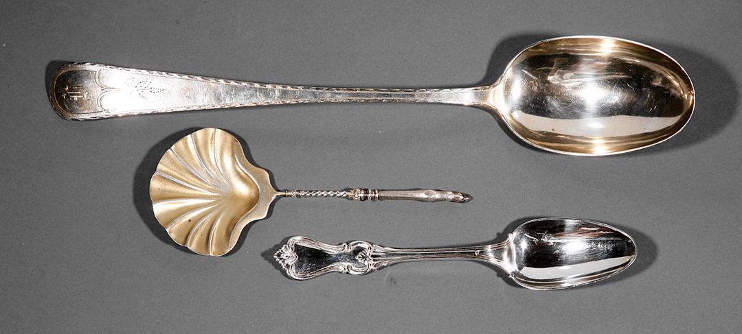 Antique Continental Silver Serving Pieces: Group of Antique Continental Silver Serving Pieces , incl. a dressing spoon with bright work; a Swedish .830 silver tablespoon, G. Dahlgren; and a German .800 silver nut spoon, Schlesinger, with hoof 