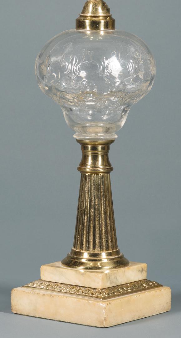 Brass-Mounted Marble and Pressed Glass Lamp: Brass-Mounted Marble and Pressed Glass Lamp , stepped marble base, columnar brass neck, pressed glass body, electrified, h. 16 3/4 in.; Condition: surface dirt; brass mounts are loose; socket is loose