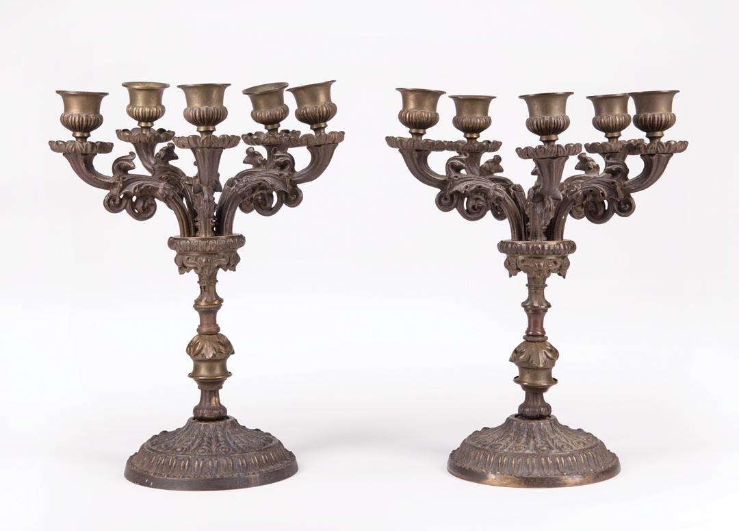 Pair of Bronze Five-Light Candelabra: Pair of Bronze Five-Light Candelabra , 19th c., associated standard, h. 11 3/4 in., dia. 8 in IMPORTANT: All purchases must be removed from our premises within 15 days of the auction. * When available