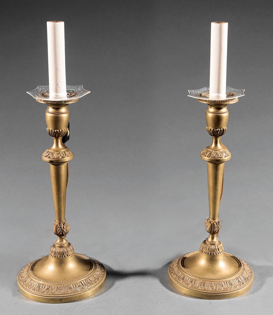 English Neoclassical-Style Candlestick Lamps: Pair of Antique English Neoclassical-Style Candlestick Lamps , 19th c., electrified as one unit, h. (to shade) 18 in IMPORTANT: All purchases must be removed from our premises within 15 days of the au