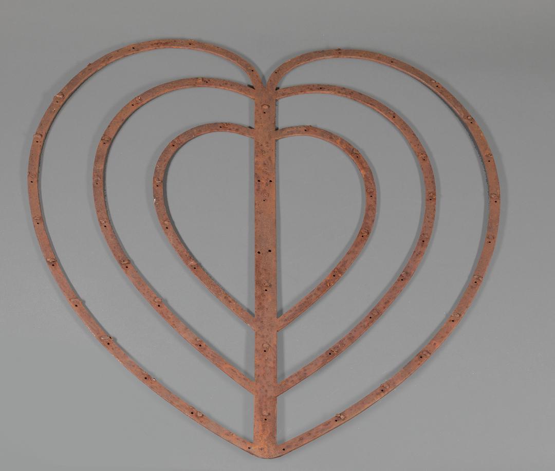 Wrought Iron Garden or Architectural Element: Wrought Iron Garden or Architectural Element , heart-form, l. 29 in., w. 27 3/4 in.; Condition: overall good condition; surface marks and scratches; surface dirt IMPORTANT: All purchases must be remov