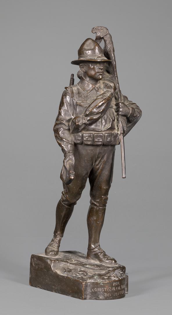Patinated Bronze Figure of a World War I Soldier: Patinated Bronze Figure of a World War I Soldier/Doughboy Holding a Flag and a Rifle , early 20th c., indistinctly signed, possibly A. Barea, inscribed "Per La Giustizia e Il Diritto Dei Popoli (for t