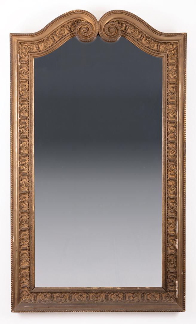 Antique Neoclassical Carved Giltwood Mirror: Antique Neoclassical Carved Giltwood Mirror , scrolled crest, rope-molded and foliate surround, h. 52 1/2 in., w. 30 1/2 in IMPORTANT: All purchases must be removed from our premises within 15 days of