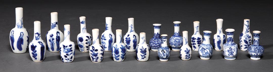 Chinese Blue and White Porcelain Miniature Vases: Collection of Twenty Chinese Blue and White Porcelain Miniature Vases , baluster and bottle forms representing styles of the Ming and Qing Dynasties, h. 1 1/2 in. to 2 3/4 in IMPORTANT: All purchases 