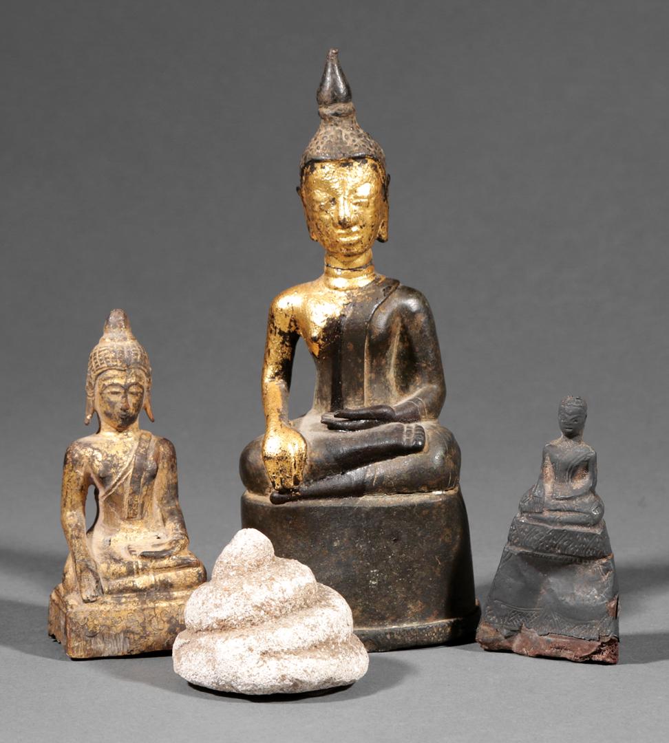 Thai Buddhist Figures and Figural Fragments: Four Antique Thai Buddhist Figures and Figural Fragments , incl. parcel gilt bronze, h. 7 1/8 in. (Note: head detached); stone, h. 3 1/8 in., wood base, overall h. 5 in.; giltwood, h. 4 1/4 in.; and m