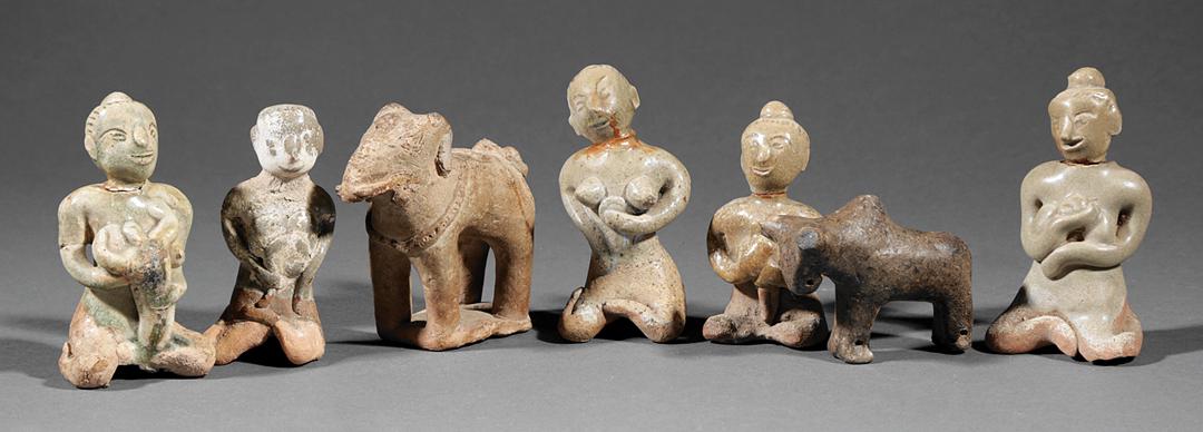 Thai Celadon Glazed "Sawankhalok" Pottery Figures: Five Antique Thai Celadon Glazed "Sawankhalok" Pottery Mother Figures , each kneeling, three cradling infants, h. 3 1/2 in. to 4 1/4 in. (Note: Two heads detached, others with glue repairs); TOGETHER 
