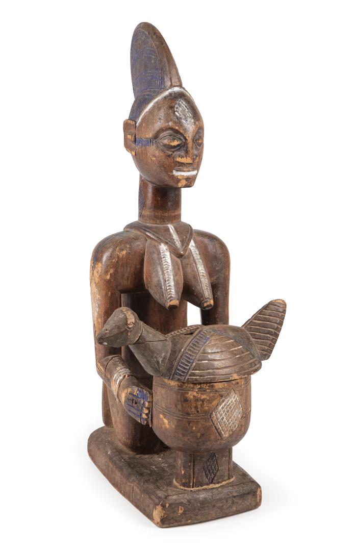 African Carved and Painted Wood Offering Bowl: African Carved and Painted Wood Figural Offering Bowl , Yoruba, Nigeria, bird form lid, blue and white painted accents, h. 15 1/4 in. Condition: scattered surface marks, nicks, chips and abrasions thr