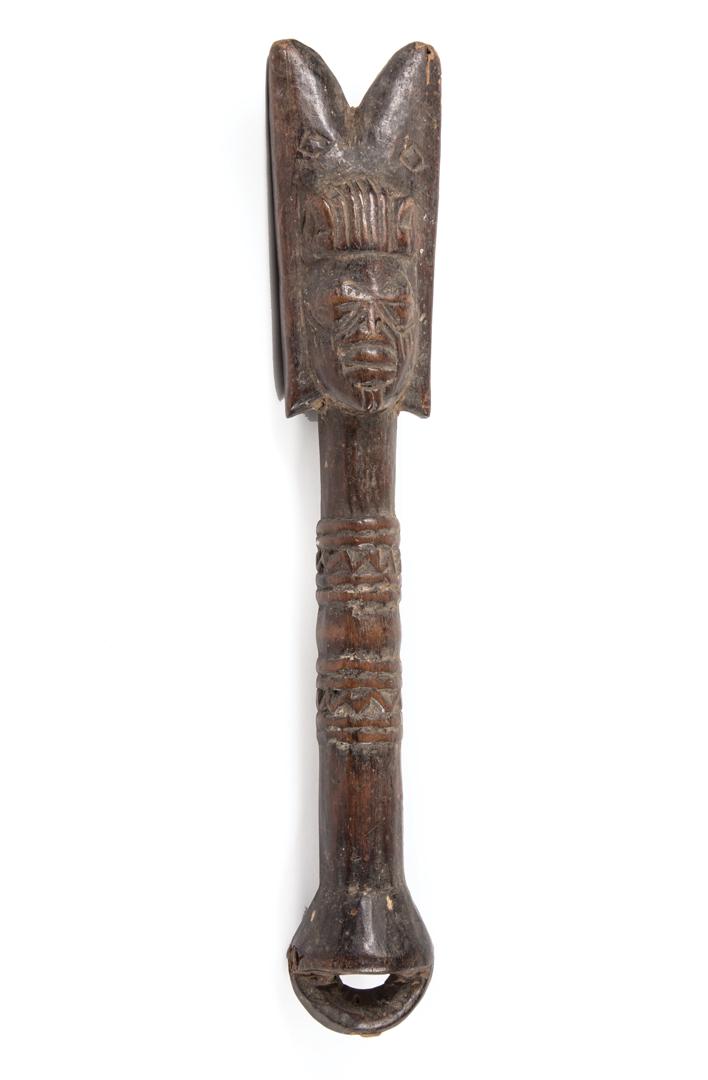 African Carved Wood Shango Staff: African Carved Wood Shango Staff , Yoruba, Nigeria, l. 12 1/2 in. Condition: Structurally sound; scattered surface marks, nicks, chips and abrasions throughout; insect damage; shrinkage Provenance: Pr