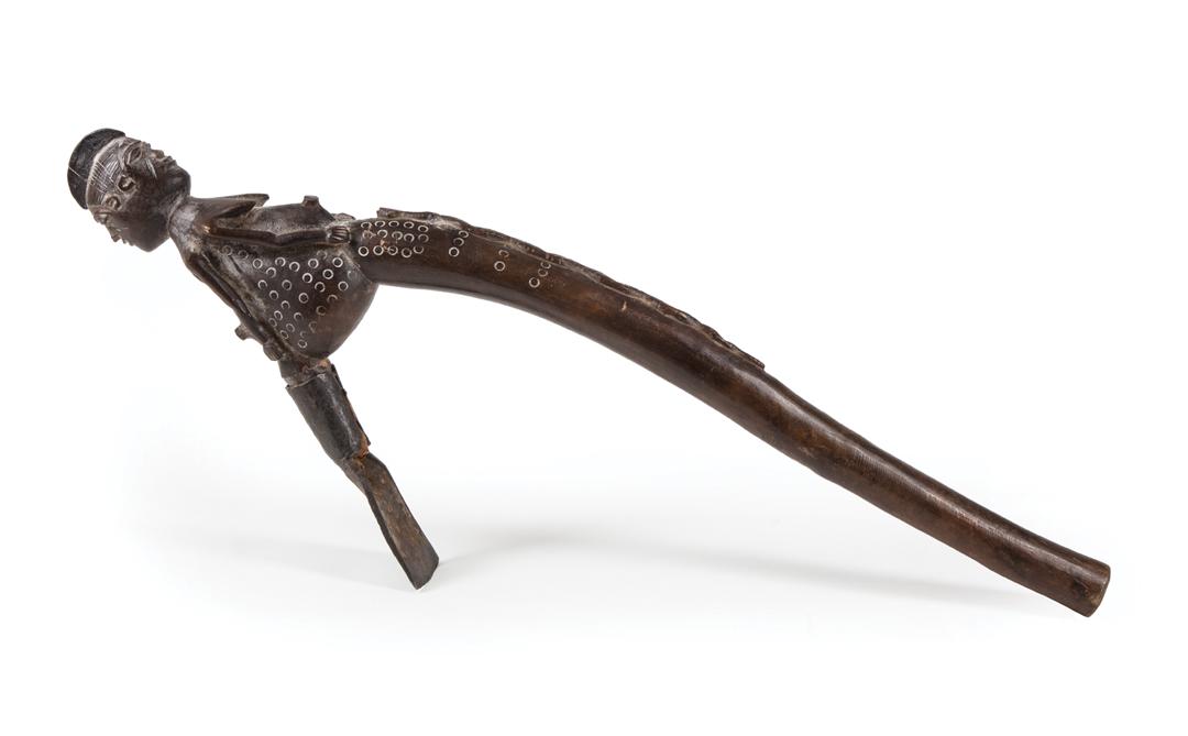 African Carved Wood Ceremonial Adze: African Carved Wood Ceremonial Adze , Mossi, Burkina Faso, figural and reptiles carving throughout, h. 25 1/2 in Provenance: Property of the Mobile Museum of Art, Mobile, AL, sold to benefit their Col