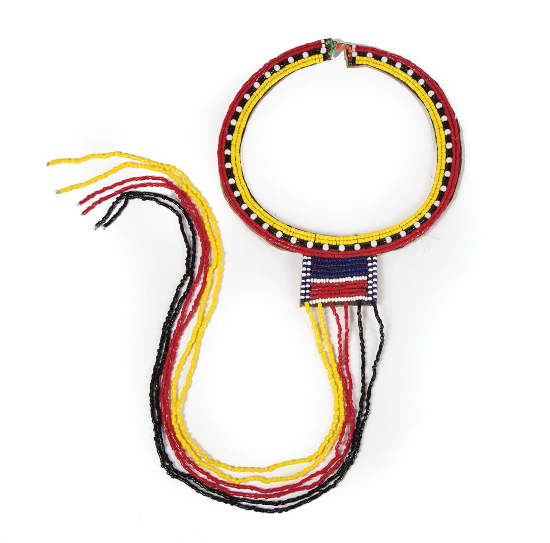 African Bead Wedding Necklace or Neckpiece: African Bead Wedding Necklace or Neckpiece , Maasai, design with yellow, red, black, white and blue beads, l. 31 in. Condition: very good Provenance: Property of the Mobile Museum of Art, Mobile, AL, 