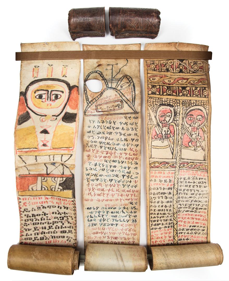 Three African Prayer Scrolls: Three African Prayer Scrolls , Ethiopia, incl. ink on vellum, l. 17 in., w. 3 1/8 in.; ink on vellum with fitted leather case, warrior motif, l. 55 3/8 in., w. 3 3/4 in.; and ink on vellum, elephant l