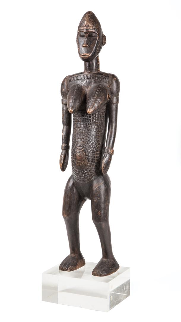 African Carved Wood Female Figure: African Carved Wood Female Figure , Senufo, h. 28 1/2 in.; mounted on acrylic base, h. 3 in., w. 8 in., d. 6 1/2 in. Provenance: Property of the Mobile Museum of Art, Mobile, AL, sold to benefit their