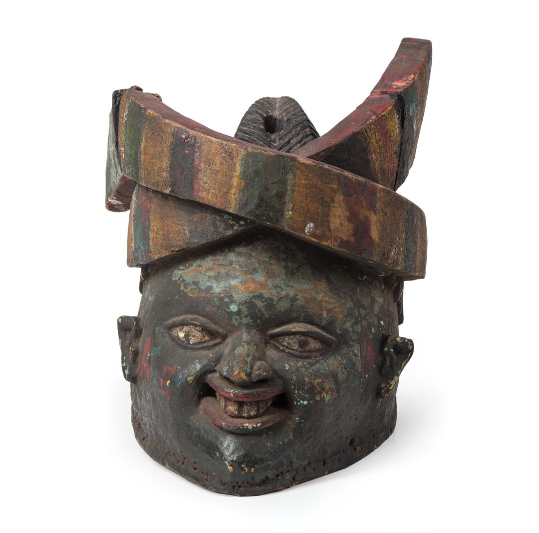 African Carved and Painted Wood Gelede Mask: African Carved and Painted Wood Gelede Mask , Yoruba, h. 12 3/4 in., w. 12 in., d. 10 1/4 in. Condition: surface dirt; scattered surface marks, nicks, chips and abrasions throughout; two repaired crac