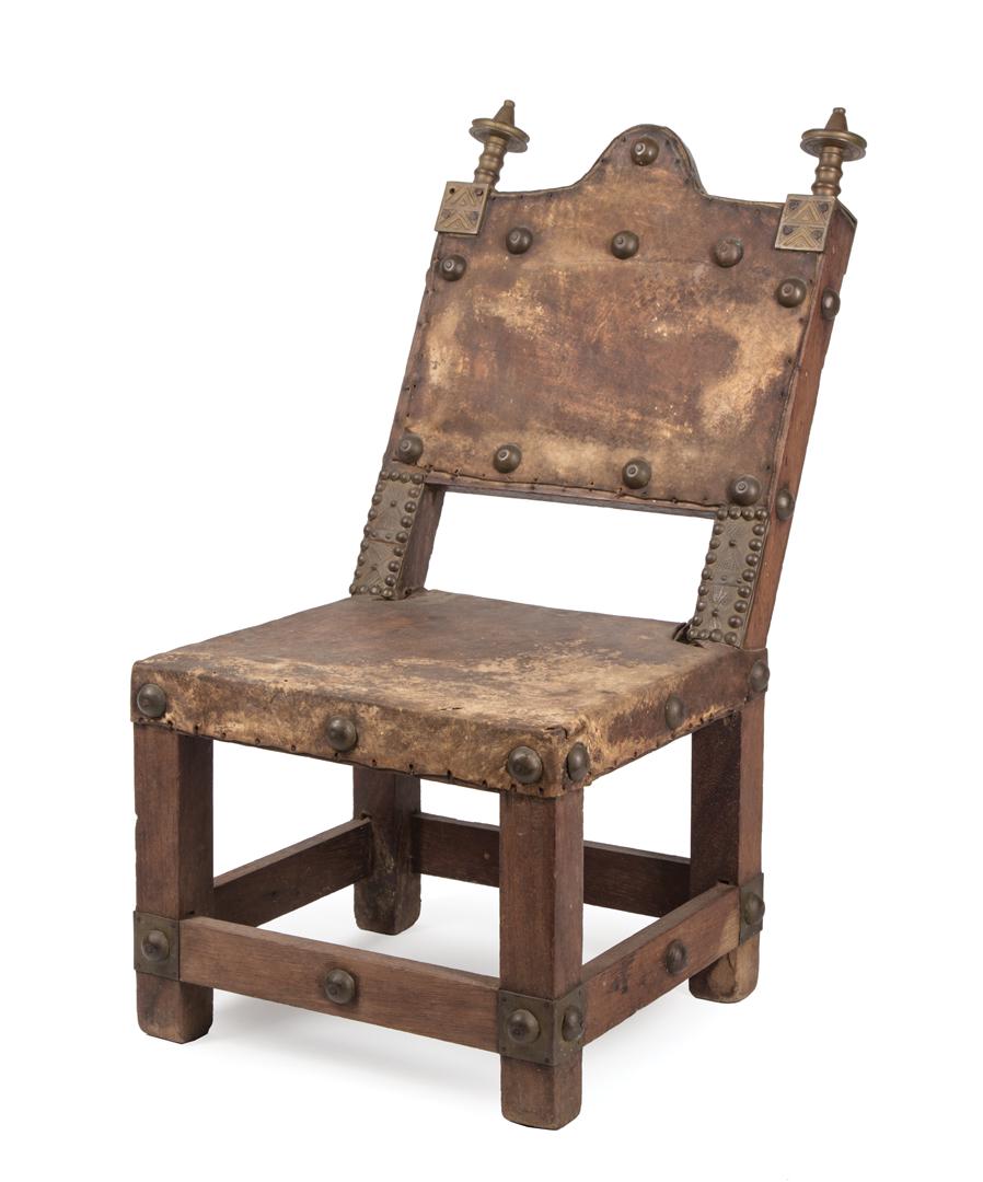 African Brass-Mounted Carved Wood Chair: African Brass-Mounted Carved Wood Chair , Ashanti, Ghana, leather seat and back rest, h. 24 in., w. 13 1/4 in., d. 17 in. Condition: surface dirt; wear and losses to leather seat in corners; loss to o
