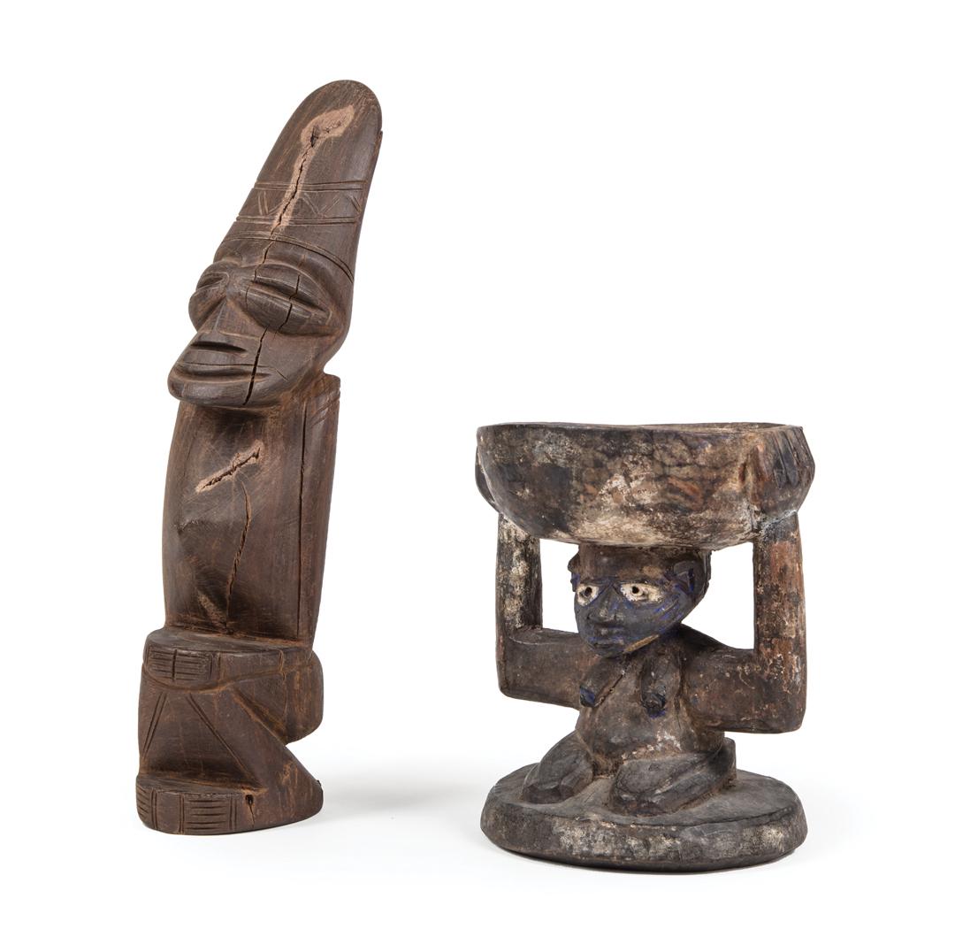 African Carved Wood Crouching Male Figure: African Carved Wood Crouching Male Figure , Yoruba, Nigeria, h. 11 1/4 in.; TOGETHER WITH a carved and painted wood figure with bowl, Yoruba, Nigeria, h. 6 1/4 in. Provenance: Property of the Mobile M