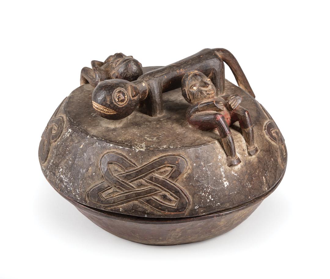 African Carved and Painted Wood Divination Bowl: African Carved and Painted Wood Covered Divination Bowl , Igbo, Nigeria, h. 9 1/4 in., dia. 14 in. Condition: surface dirt; scattered surface marks, nicks, chips and abrasions throughout Provenance: P