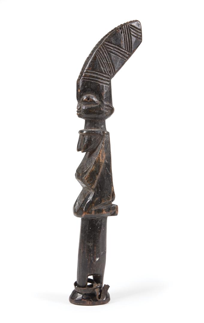 African Carved Wood Female Ceremonial Figure: African Carved Wood Female Ceremonial Figure , Yoruba, Nigeria, geometric carving to head, h. 10 3/8 in. Condition: good condition; surface dirt; scattered wear Provenance: Property of the Mobile Muse