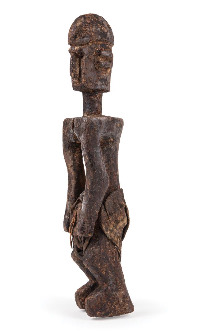 African Carved Wood Figure Bambara/Bamana: African Carved Wood Figure Bambara/Bamana, Mali, cloth and twine clothing, h. 15 1/8 in. Condition: surface dirt; scattered marks, nicks, chips, abrasions and losses throughout; shrinkage to chest; wh