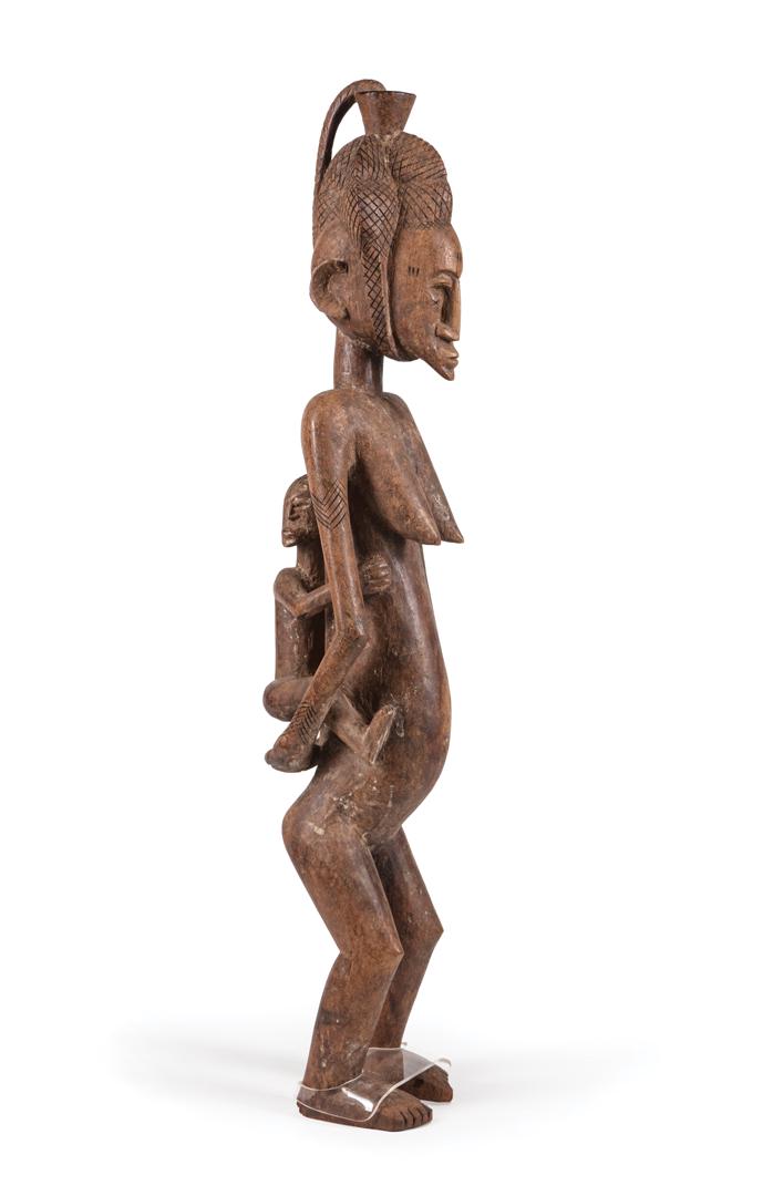 African Carved Wood Maternity Figure: African Carved Wood Maternity Figure , Bambara/Bamana, Mali, h. 30 1/4 in Condition: overall good condition; chips to mother's feet and hands; surface dirt; scattered minor shrinkage, marks, nicks and