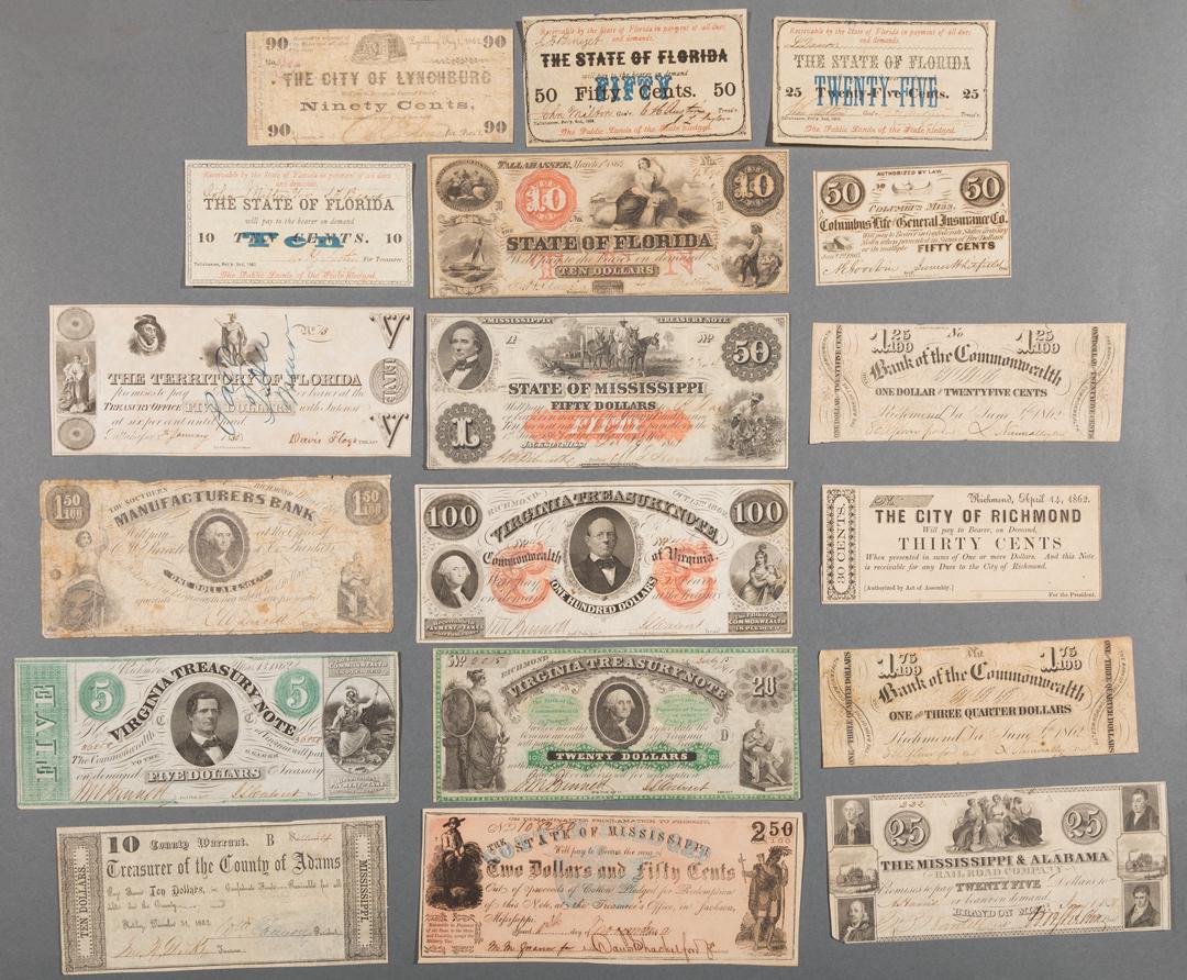 [Confederate and Obsolete Currency]: [Confederate and Obsolete Currency] , sixteen Confederate notes, from various states; and two obsolete notes from The Territory of Florida, 1830; and The Mississippi & Alabama Railroad Company, 1838 P