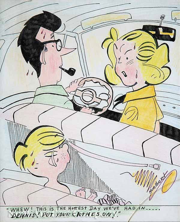 Jack Hulbert (American/Mississippi, 20th c.): Jack Hulbert (American/Mississippi, 20th c.), Four ink and color pencil drawings on paper featuring Dennis the Menace, including "Busted", inscribed "Drew for Calvert Williams. 4-13-1957. by J. H. Hul