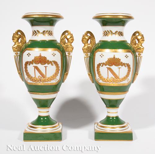 Pair of Sevres-Style Porcelain "Napoleonic" Urns (1 of 2)