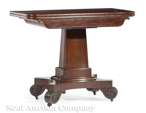 Carved Mahogany Games Table Stenciled by W. Fisk: American Classical Carved Mahogany Games Table Stenciled by William Fisk (1770-1844) , early 19th c., Boston, stenciled "Wm. Fisk Cabinetmaker Washington St. Boson", foldover swivel top, paneled friez