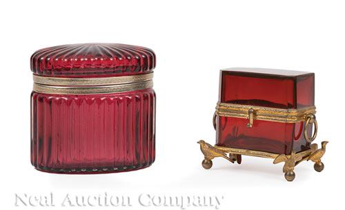 Brass-Mounted Cranberry Glass Dresser Boxes (1 of 1)