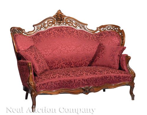 Rosewood Parlour Suite, Meeks, Stanton Hall: American Rococo Carved and Laminated Rosewood Parlour Suite , mid-19th c., attr. to Meeks, "Stanton Hall" pattern, incl. 2 settees, 2 armchairs and 4 side chairs, gadrooned broken pediment crest with