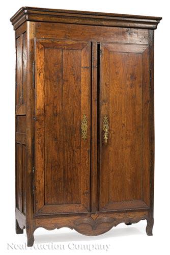 Louis XV Oak Armoire: Louis XV Oak Armoire , late 18th/early 19th c., restrained coved cornice, flush panel doors, astragal molded center stile, spurred apron, cabriole legs , h. 81 1/2 in., w. 51 1/2 in., d. 22 in