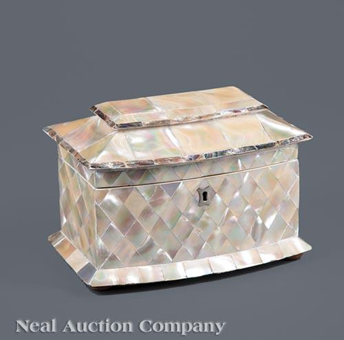 George III Mother-of-Pearl Tea Caddy: George III Mother-of-Pearl Tea Caddy , 19th c., pagoda-form lid, interior with two lidded compartments, on bun feet, h. 5 1/2 in., w. 8 in., d. 4 3/4 in