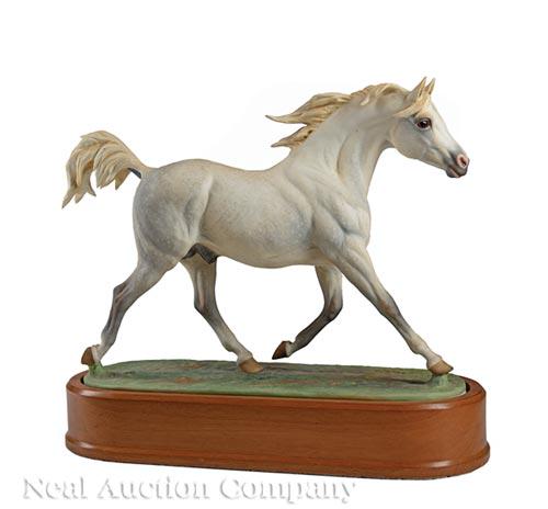 Royal Worcester Porcelain "Arab Stallion": Royal Worcester Porcelain "Arab Stallion" , 1963, marked, modeled by Doris Lindner, wood base, h. 10 in., w. 12 in
