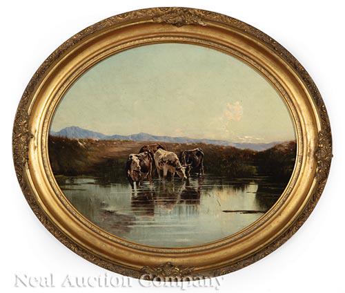 Attributed to Peter Moran (American, 1841-1914): Attributed to Peter Moran (American, 1841-1914) , "Cows at the Watering Hole", oil on panel, indistinctly signed lower right, 14 1/8 in. x 17 1/4 in., framed . Provenance: Didier Inc., New Orleans