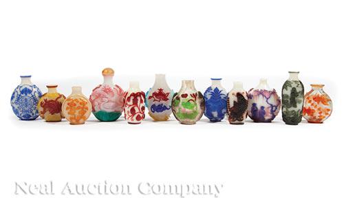 Twelve Chinese Color Overlay Glass Snuff Bottles (1 of 2)