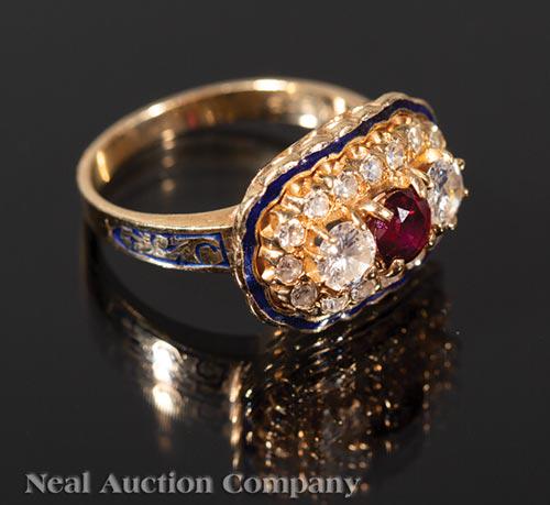Yellow Gold, Black Enamel, Ruby, Diamond Ring (1 of 2)
