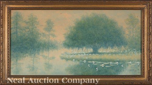 Alexander John Drysdale (American/New Orleans): Alexander John Drysdale (American/New Orleans, 1870-1934) , "Bayou Scene with Live Oak", 1931, oil wash on board, signed and dated lower right, inscribed en verso, "Farish Art Store, Inc., New Orleans