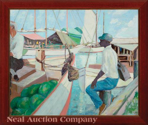 Gideon Townsend Stanton (American/Louisiana): Gideon Townsend Stanton (American/Louisiana, 1885-1964) , "Lugger Loaded with Watermelons", oil on canvas, signed lower left, "Taylor Clark, Baton Rouge" label on frame, 25 in. x 30 in., framed