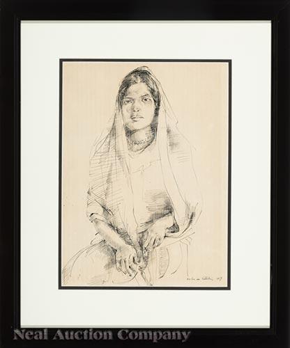 Xavier de Callatay (Belgian/New Orleans, 1932): Xavier de Callatay (Belgian/New Orleans, 1932-1999) , "Mariea", 1957, ink on paper, signed and dated lower right, "Dr. James Nelson Collection, Gonzales, LA" label with artist and title on backing pap