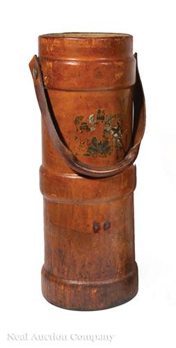 English Leather Shot Bucket: English Leather Shot Bucket , swing handle, canvas-lined interior, remnants of British crest, h. 23 3/4 in., dia. 8 in
