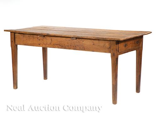 Antique French Pine Farmhouse Table: Antique French Pine Farmhouse Table , 19th c., four board top, frieze drawer to one end, chamfered tapered legs, h. 30 1/2 in., w. 31 1/2 in., d. 67 1/4 in