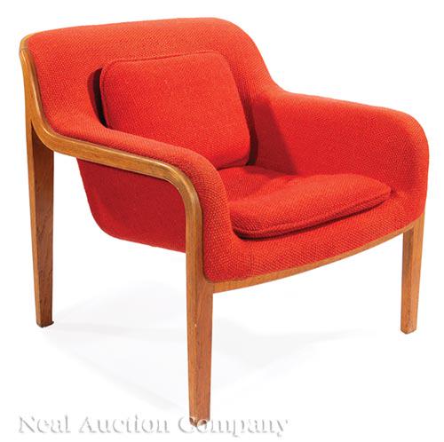 Bill Stephens for Knoll Club Chair: Bill Stephens (American, 1932-2007) for Knoll Oak and Upholstery Club Chair , 1973, Knoll International upholstery labels, one with manufacture date, red wool hopsack upholstery , h. 29 in., w. 27 1/2