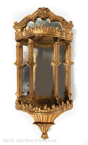Chinese Chippendale-Style Giltwood Mirrors: Pair of Chinese Chippendale-Style Giltwood Mirrored Niches , h. 19 1/2 in., w. 9 in., d. 4 in