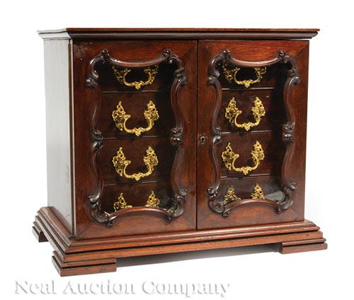 American Mahogany and Gilt Brass Jewelry Coffer: American Mahogany and Gilt Brass Jewelry Coffer , glazed doors enclosing fitted drawers, h. 14 in., w. 17 1/2 in., d. 10 3/4 in