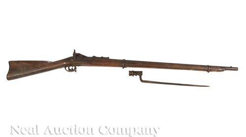 U.S. Springfield “Trapdoor” Percussion Rifle: U.S. Springfield “Trapdoor” Percussion Rifle with Bayonet and Antique Sword, barrel l. 35 in.; together with a saber with imported blade, decorated with engraved "HONOUR AND MY COUNTRY" motto, pan