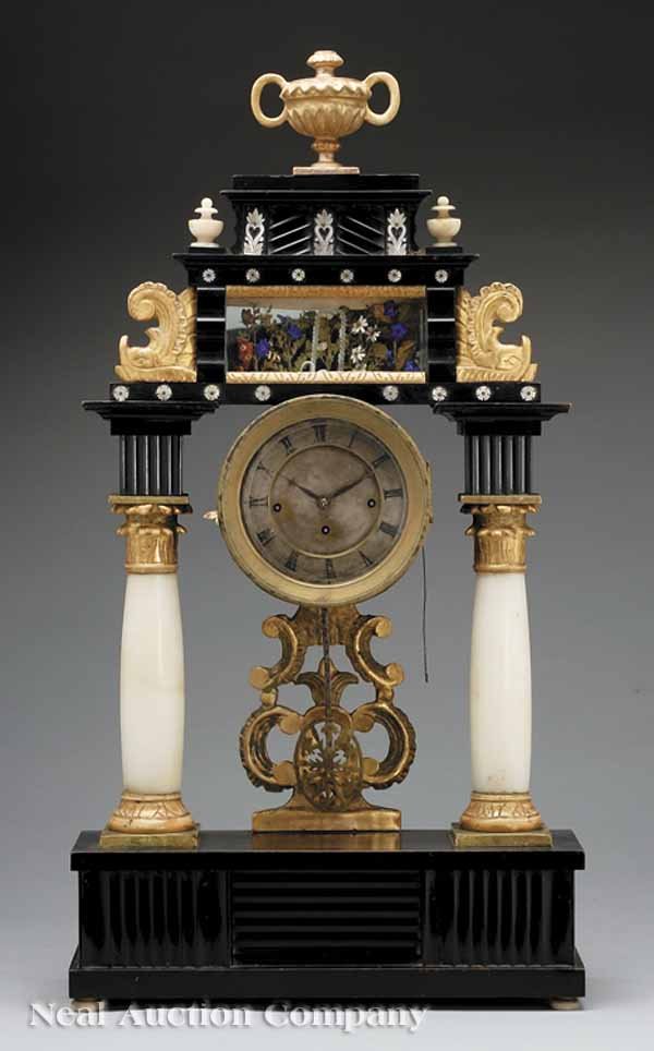 Viennese Gilt and Ebonized Mantel Clock: A Fine Antique Viennese Gilt and Ebonized Mantel Clock, c. 1830, in the Romantic taste, carved urn over stepped pediment, flanked by dolphins, enclosing a glazed garden scene with flowers, swan, trell